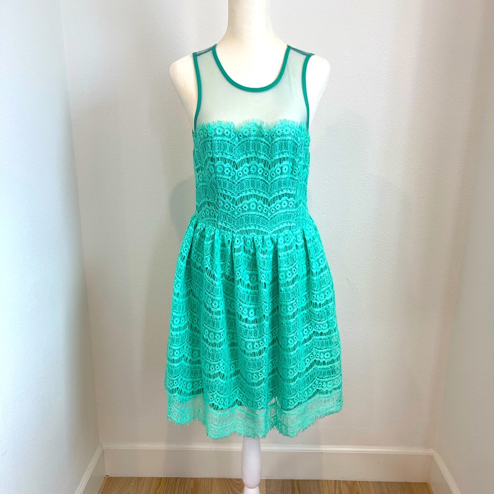 Le Crème Mint Green Lace and Sheer Fabric Dress (size Medium)